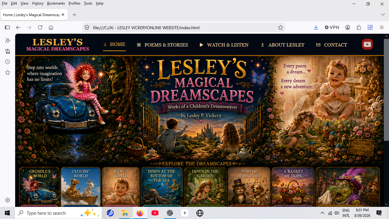 A colourful view of Lesley’s Magical Dreamscapes website and its children’s stories and characters.