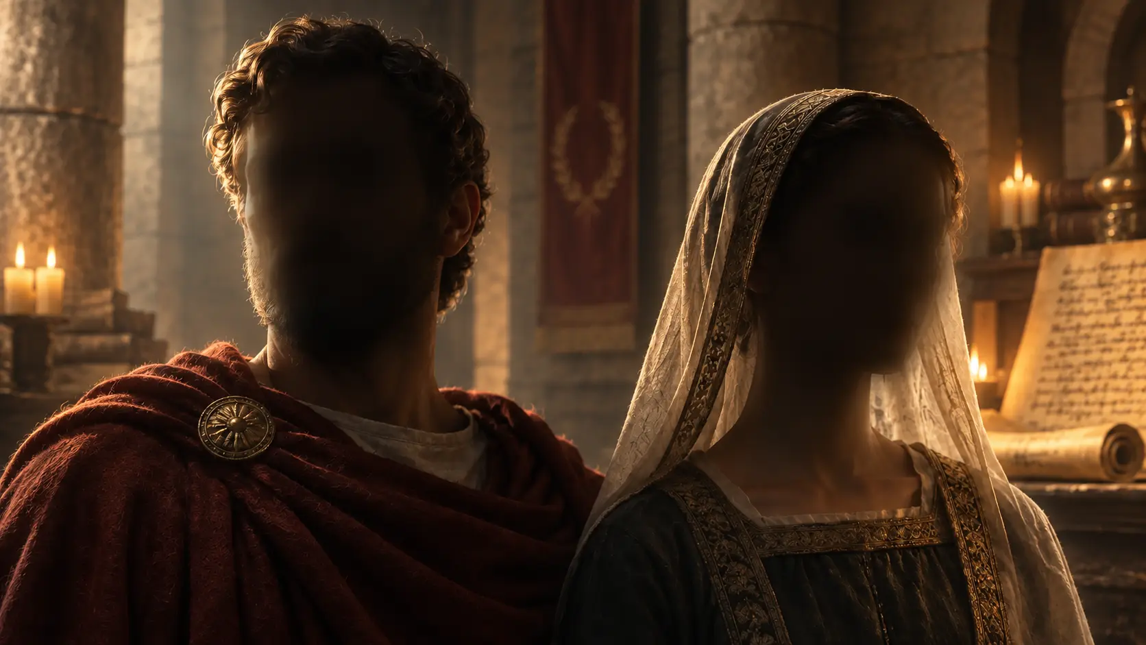 An anonymous man and woman from the ancient and medieval worlds, their faces hidden in shadow.