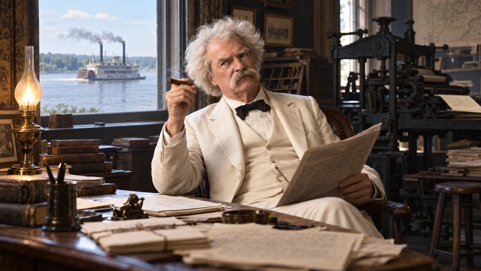 Interpretive portrait of Mark Twain writing beside the Mississippi River