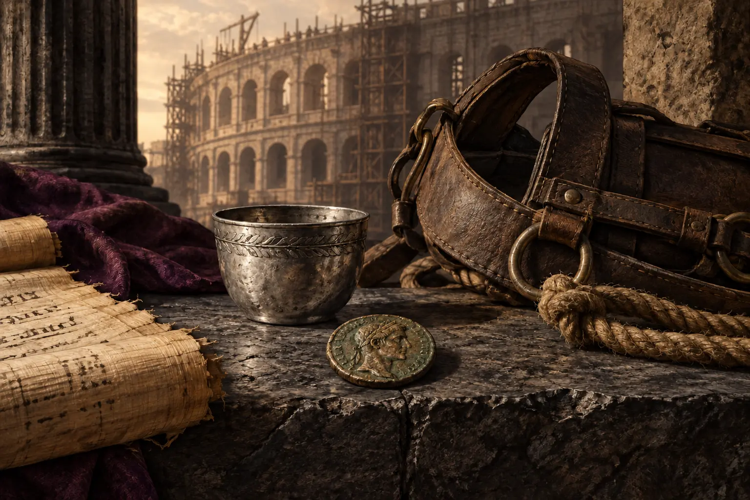 Interpretive still life of a Roman coin, silver cup and mule harness before the early Colosseum